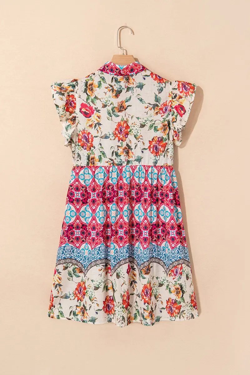 Rose Floral Mixed Pattern Ruffle Flutter Sleeve Dress - Love Salve